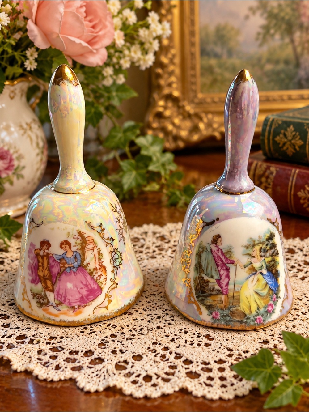 Vintage Japan Porcelain Dinner Bells Pair Courting Couple Lusterware Gold Trim